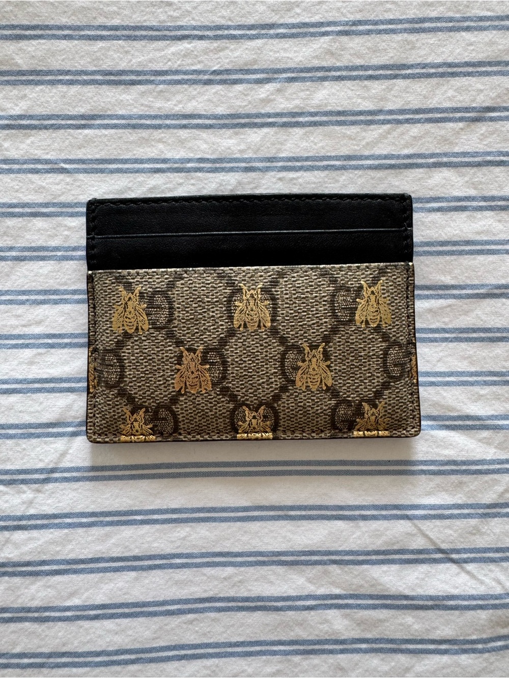 Gucci Monogram Bee Card Holder in Brown, Black & Gold